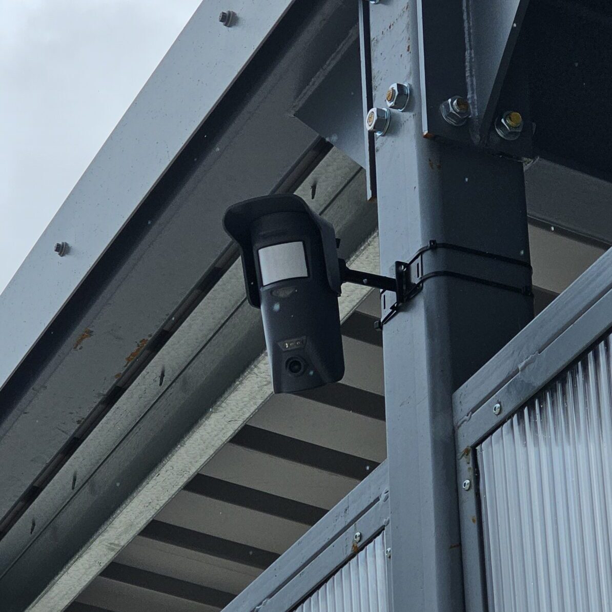 Security camera mounted on an industrial metal structure