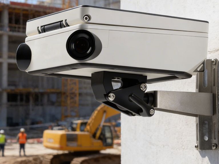 Security camera monitoring a construction site with cranes behind